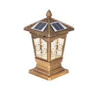 Nostalgia Solar Post Lamp with Glass Shade, 3-Color IP55 | Aluminum Lantern with Remote Control, Auto-On at Night for Porch Yard Fence(Brass,Small)