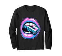 Nostalgic 80s Vibes: Vibrant Labbra e Cassetta Tape Tee Maglia a Manica