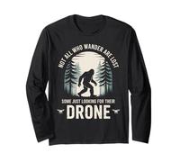 Not All Who Wander Funny Bigfoot Drone Foresta Parodia Sarcasmo Maglia a Manica