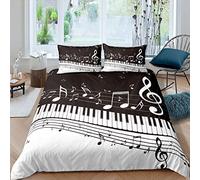 Note Melody - Set di biancheria da letto con tastiera a pianoforte, motivo: musica classica, jazz, blues, lussuoso, a righe, per bambini, adulti, camera da letto, 3 pezzi, colore: nero, bianco