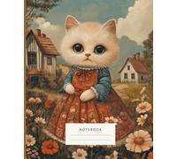 Notebook Meadow Whispers The Charming Cat: This notebook features a delicate illustration of a sweet feline in a vintage-style dress, standing gracefully among vibrant wildflowers and serene cottages.