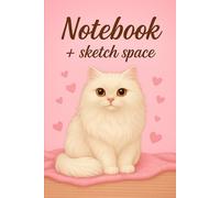 Notebook + Sketch Space - 241 pages: White cat with big round eyes on a pink background with hearts