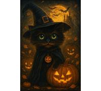 Notebook: Vintage Cat Halloween, 100 Pages 6 x 9 Wide Ruled Lined Pages Journal Diary For Teens, Students, Cat Lovers, and Halloween Fans (Composition Notebook)