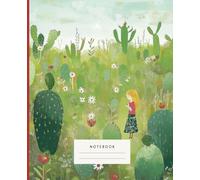 Notebook Whispers Of The Green Desert: Experience the lush greenery of a vibrant desert meadow where a girl peacefully strolls through a world of wildflowers and cacti.