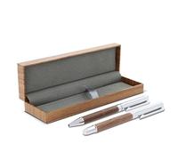 noTrash2003 Elegante set di penne a sfera in metallo e penna roller con fusto in legno di noce, ottone cromato, elegante penna in confezione regalo