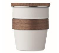 noTrash2003 Elegante tazza da 350 ml riutilizzabile in acciaio inox riciclato con manico e coperchio in legno di noce, tazza da caffè monouso, 90% acciaio inox riciclato, 4 colori disponibili (bianco)