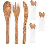 noTrash2003 Set di 4 posate in 3 pezzi in noce di cocco in sacchetto di cotone con cucchiaio, coltello, forchetta in legno beck, set di posate sostenibile, ecologico e riutilizzabile, 100-6086