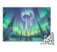 Notte Aurora Boreale Puzzle di Natale da 1000 Pezzi per Adulti, Aurora, Pini, Cuore, Neve, Premium, Spesso, Resistente, Vivace, Stimolante, Regalo 70x50cm/1000pz