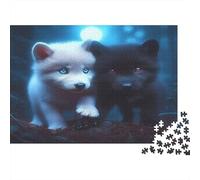 Notte del cucciolo del lupo bianco Puzzle 1000 Pezzi Due cuccioli di lupo di notte Regalo per Amanti Gioco Divertente per Famiglie Decorazione