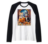 Notte delle Caramelle dei Gattini di Halloween Maglia con Maniche Raglan