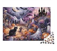Notte di Halloween Puzzle 1000 Pezzi Carta per Adulti Castello Stregato Zucche Gatto Nero Gioco di Puzzle 1000 Pezzi Relax Decorazione 38x26cm/1000pcs