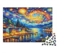 Notte Stellata Lago Borgo Puzzle 1000 Pezzi Carta Puzzle per Adulti Paesaggio Onirico Relax Interazione Familiare Regalo Decorativo Festivo 38x26cm/1000pcs