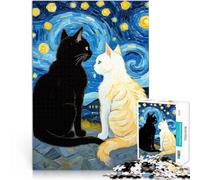 Notte stellata romantica gatto nero e gatto bianco Puzzle da 1000 pezzi per adulti Difficile e sfidante offerte come regali per tutta la famiglia 38x26cm