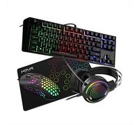 Noua Gaming USB Kit 4in1 Cuffie Rainbow, Mini Tastiera Illuminata con 12 Tasti Multimediali e Anti-ghosting, Layout Italiano QWERTY, Mouse 7200DPI con 6 Pulsanti, Tappetino Antiscivolo - Nero
