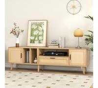NovaFurnish Ampio armadio TV da 180 cm con decorazione in rattan, 2 ante e un cassetto, gambe in legno massello, può ospitare una TV da 80 pollici (colore legno, 180 x 40 x 54 cm)