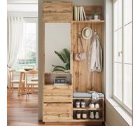 NovaFurnish Appendiabiti compatto con specchio e panchina, appendiabiti da corridoio con scarpiera e gancio, appendiabiti compatto, set di mobili da corridoio, guardaroba (naturale)