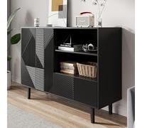 NovaFurnish Armadio decorativo a righe nere opache, armadietto con motivo geometrico, 2 ante apribili e 1 cassetto, spazio aperto per ingresso, soggiorno
