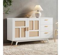 NovaFurnish Armadio decorativo moderno in rattan bianco, 2 ante in rattan, 3 cassetti, decorazione dorata, 160 x 40 x 87 cm (bianco)