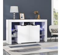 NovaFurnish Credenza a LED lucida, armadio, buffet, tavolo server con luci a LED, 4 ripiani in vetro e 2 ante, vetrina per soggiorno (bianco, 140 x 40 x 80 cm)