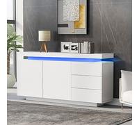 NovaFurnish Credenza moderna per soggiorno e soggiorno, mobile a 2 ante, 3 cassetti, con luce LED, senza maniglia, 140 x 35 x 72,5 cm, colore bianco