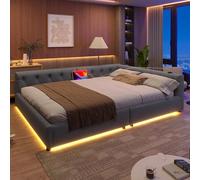 NovaFurnish Divano letto, letto diurno, 140 x 200 cm, divano letto con rete a doghe (senza materasso), illuminazione ambiente con telecomando, testiera con asole, USB + tipo C, lino, grigio
