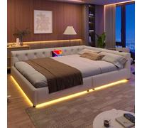 NovaFurnish Divano letto, letto diurno, 140 x 200 cm, divano letto con rete a doghe (senza materasso), illuminazione ambiente con telecomando, testiera con asole, USB + tipo C, lino, beige