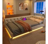 NovaFurnish Divano letto, letto diurno, 90 x 200 cm, divano letto con rete a doghe (senza materasso), illuminazione ambiente con telecomando, testiera con asole, USB + tipo C, lino (beige, 90 x 200 cm