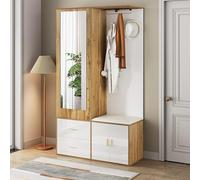 NovaFurnish Elegante set appendiabiti in bianco e legno con specchio, scarpiera, con gancio e asta appendiabiti allungabile (bianco e legno)