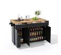 NovaFurnish Isola della cucina con piano di lavoro pieghevole, armadio da cucina su 6 ruote bloccabili, con ripiano, scaffalatura, 2 grandi cassetti e armadietto, 137 x 45 x 89,5 cm (nero)