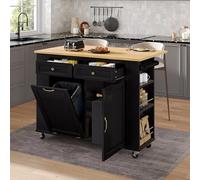 NovaFurnish Isola della cucina con ruote, tavolo da pranzo allungabile, isola della cucina con scomparto per rifiuti e porta asciugamani, carrello da portata mobile con ciabatta (nero, 120 x 40 - 70 x