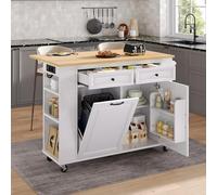 NovaFurnish Isola della cucina con ruote, tavolo da pranzo allungabile, isola della cucina con scomparto per rifiuti e porta asciugamani, carrello da portata mobile con ciabatta (bianco, 120 x 40 - 70