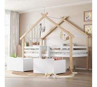 NovaFurnish Lettino, letto a mezza altezza, letto con tetto, recinzione a quattro lati, con scale, 2 armadietti con ruote, pino+MDF, bianco+naturale, 90 x 200 cm