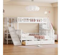 NovaFurnish Lettino per bambini 90 x 200/140 x 200 cm, letto a castello con scivolo e ripiano con gradini di sicurezza, due grandi cassetti e rete a doghe, bianco