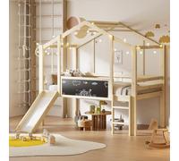 NovaFurnish Lettino per bambini, 90 x 200 cm, design attico con scala di sicurezza e scivolo di sicurezza, con lavagnetta graffiti, letto singolo, letto a soppalco (colore legno)
