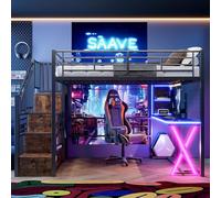 NovaFurnish Letto a castello, 140x200, con luci LED, scaletta, scrivania, armadio, mensole, senza materasso, nero