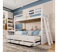 NovaFurnish Letto a castello 90 x 200 cm, letto per bambini e bambine, struttura in legno di pino e MDF con scala, letto estraibile e 3 cassetti, senza materasso (bianco)