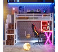 NovaFurnish Letto a castello, 90x200, con luci LED, scala di accesso, scrivania, armadio, mensole, senza materasso, bianco