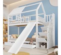 NovaFurnish Letto a castello con scala e scivolo, letto per casa, scala con vano portaoggetti, telaio in legno di pino e MDF, culla con finestra e tetto, con griglia anticaduta e cassetto, bianco, 90