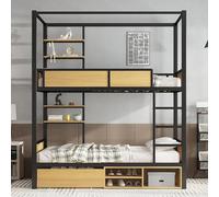 NovaFurnish Letto a castello, letto in ferro + MDF, doppio ripiano sul lato letto, spazio sotto il letto, tenda può essere montata sul letto superiore, colore nero e naturale, 90 x 200 cm