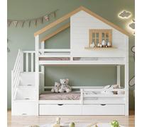 NovaFurnish Letto a castello, letto in legno di pino + MDF, scala portaoggetti, design raffinato con una finestra, spazio sotto il letto, bianco + naturale, 90 x 200 cm