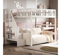 NovaFurnish Letto a castello per bambini, 140 x 200 cm, con scala, in legno massello con ringhiera di sicurezza, decorazione a stella e luna (bianco, 140 x 200 cm)