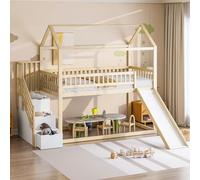 NovaFurnish Letto a castello per bambini, 90 x 200 cm, con scivolo e scala di stoccaggio, struttura di recinzione alta, telaio in legno massiccio, rete a doghe (colore legno, 90 x 200 cm)