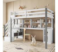 NovaFurnish Letto a mezza altezza, con contenitore in tessuto, ampio spazio di archiviazione, con scala laterale, ripiano aperto, letto per ragazzi con scrivania e armadietti, pino+MDF, bianco+grigio