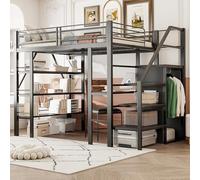 NovaFurnish Letto a soppalco 140 x 200 cm, scaffale a tre strati, scrivania, armadio, gradini di sicurezza con vano portaoggetti, design a recinzione, letto in ferro, letto singolo (nero, 140 x 200 cm