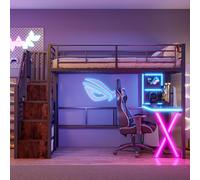 NovaFurnish Letto a soppalco, 90 x 200 cm, con luci a LED, scala, scrivania, armadio, scaffali, senza materasso, nero