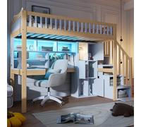 NovaFurnish Letto a soppalco, 90 x 200 cm, con luci a LED, scaletta ripiani, ripiani, scrivania, senza materasso, bianco+naturale (bianco+naturale, 90 x 200 cm)