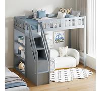 NovaFurnish Letto a soppalco 90 x 200 cm, con scala e scaffali, letto singolo in legno, letto per ragazzi, lettino per bambini, telaio in legno massiccio (grigio)