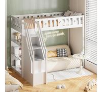 NovaFurnish Letto a soppalco 90 x 200 cm, con scala e scaffali, letto singolo in legno, letto per ragazzi, letto per bambini, telaio in legno massiccio (bianco)