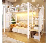 NovaFurnish Letto a soppalco, 90 x 200 cm, letto in metallo, scaffale a gradini, elementi a griglia, cesto portaoggetti, spazio aperto sotto il letto, con barra luminosa a LED, senza materasso, bianco