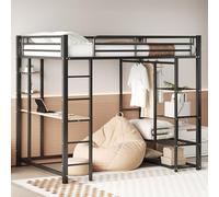 NovaFurnish Letto a soppalco in metallo con scala, 140 x 200 cm, letto matrimoniale con tavolo con semplici grucce con ripiani, colore: nero